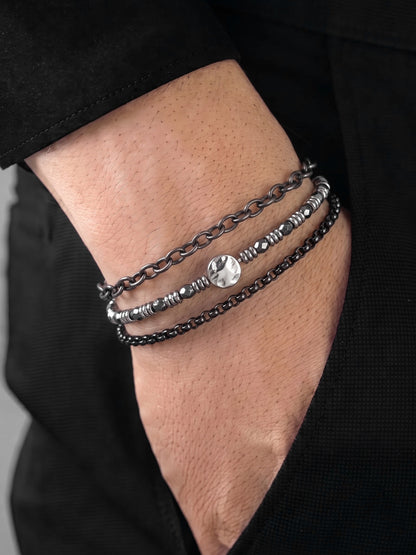 Kaelith Beaded Chain Link Black - Silver Men's Bracelet Set