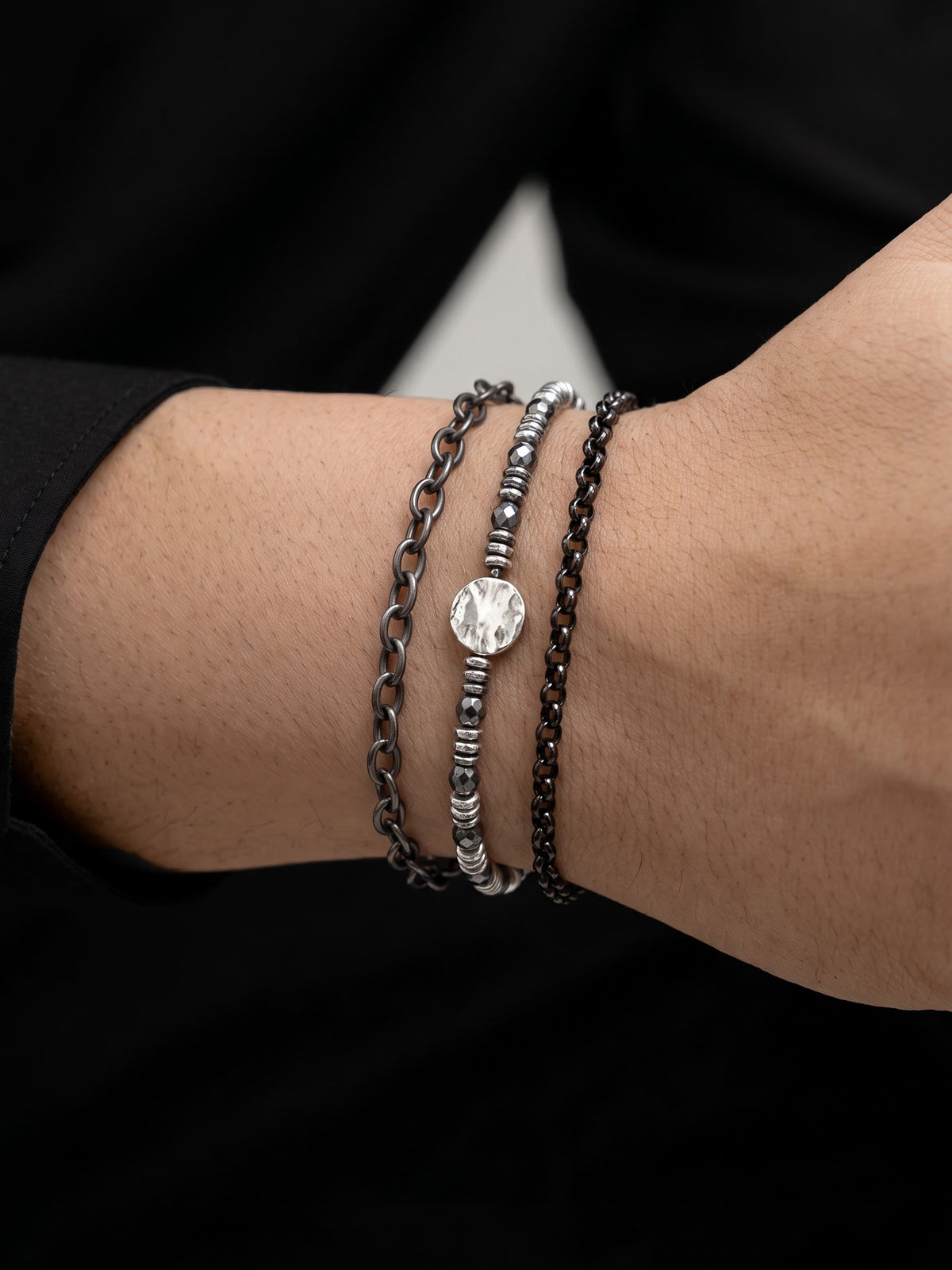 Kaelith Beaded Chain Link Black - Silver Men's Bracelet Set