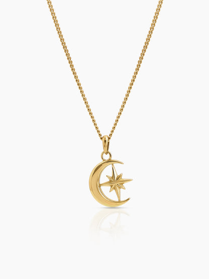 Kaelor Celest Crescent Moon Sharp Star Charm 18K Gold Plated Men’s Chain Pendant