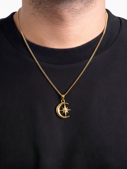 Kaelor Celest Crescent Moon Sharp Star Charm 18K Gold Plated Men’s Chain Pendant
