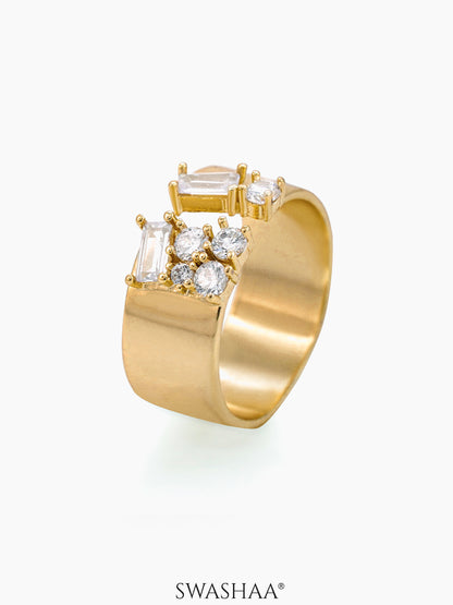 Kahvi Baguette Round Cut CZ Stones 14K Gold Plated Ring