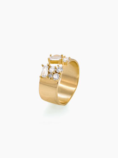 Kahvi Baguette Round Cut CZ Stones 14K Gold Plated Ring