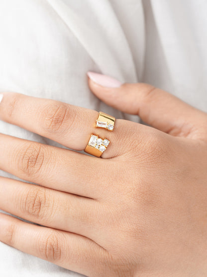 Kahvi Baguette Round Cut CZ Stones 14K Gold Plated Ring