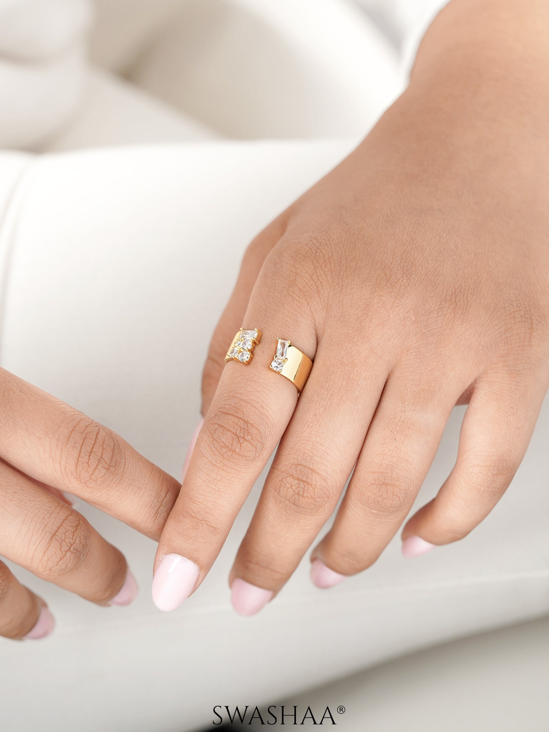 Kahvi Baguette Round Cut CZ Stones 14K Gold Plated Ring