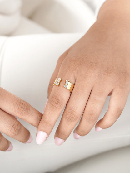 Kahvi Baguette Round Cut CZ Stones 14K Gold Plated Ring
