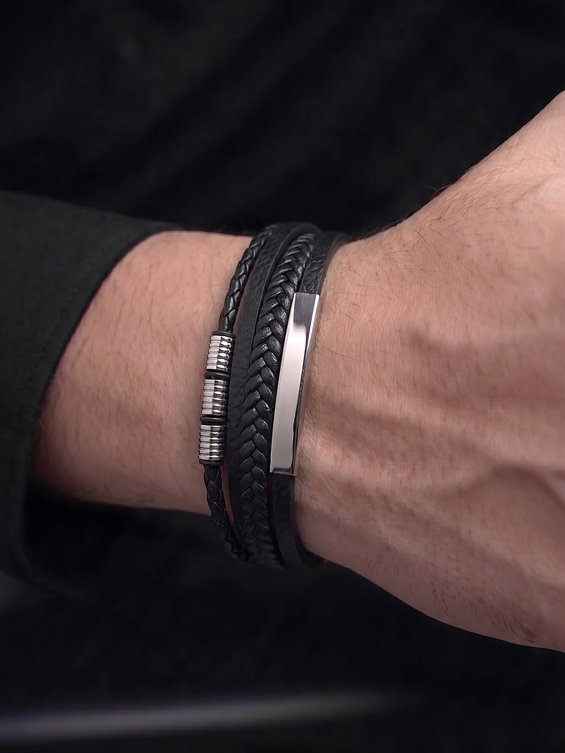 Kaivan Braided Strap Barrel Beads Men's Dual Silver - Black Leather Bracelet