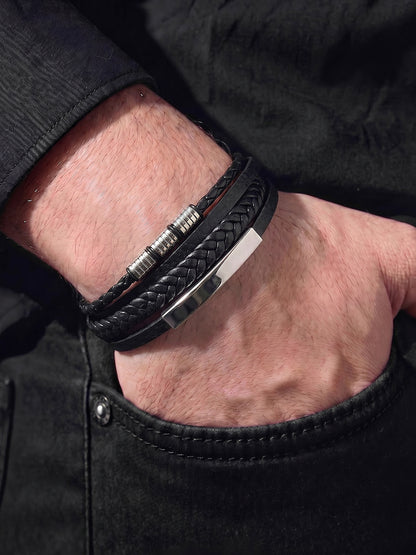 Kaivan Braided Strap Barrel Beads Men's Dual Silver - Black Leather Bracelet