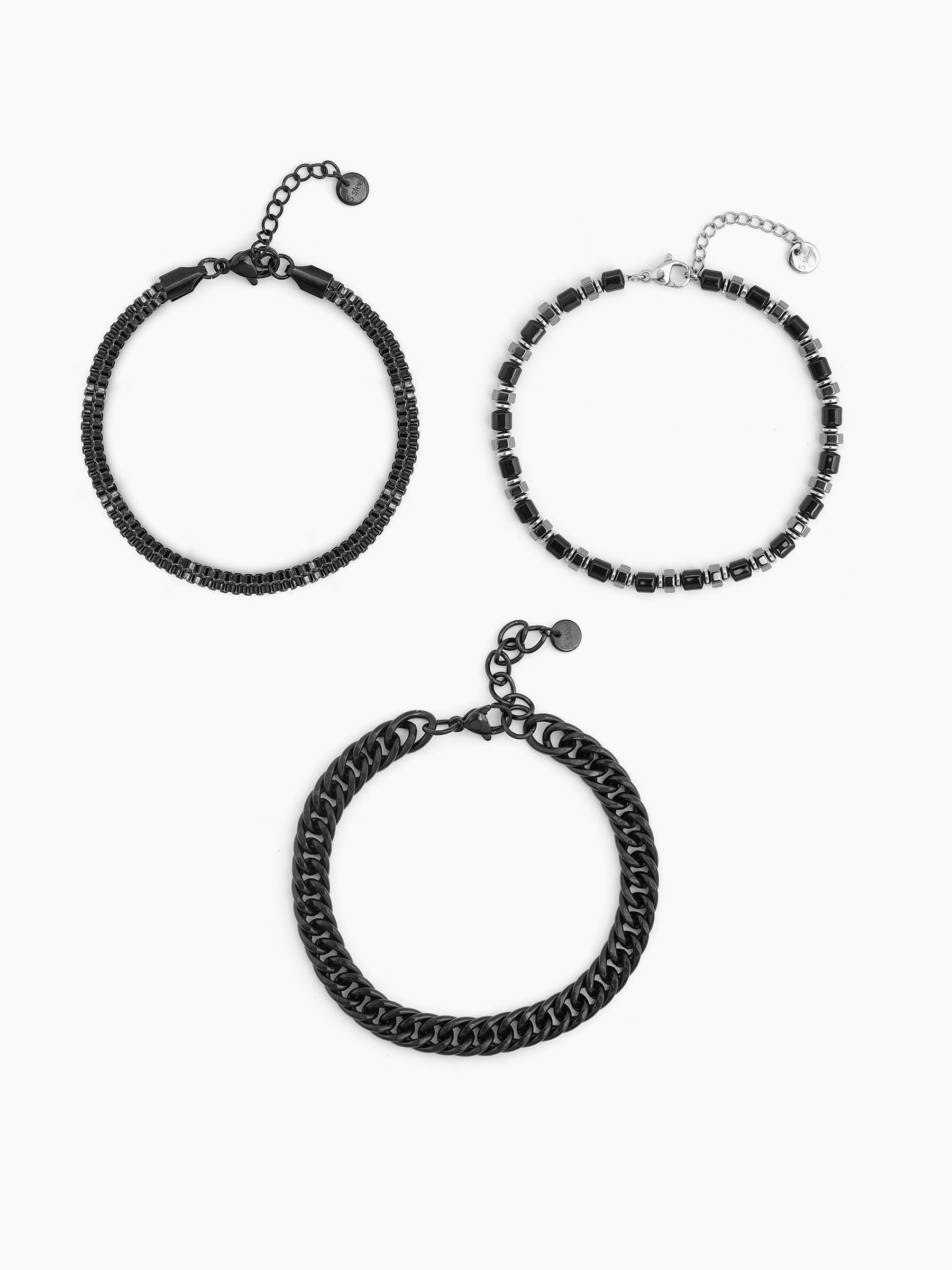 Kaiven Beaded Silver-Black Men’s Bracelet Set - Swashaa