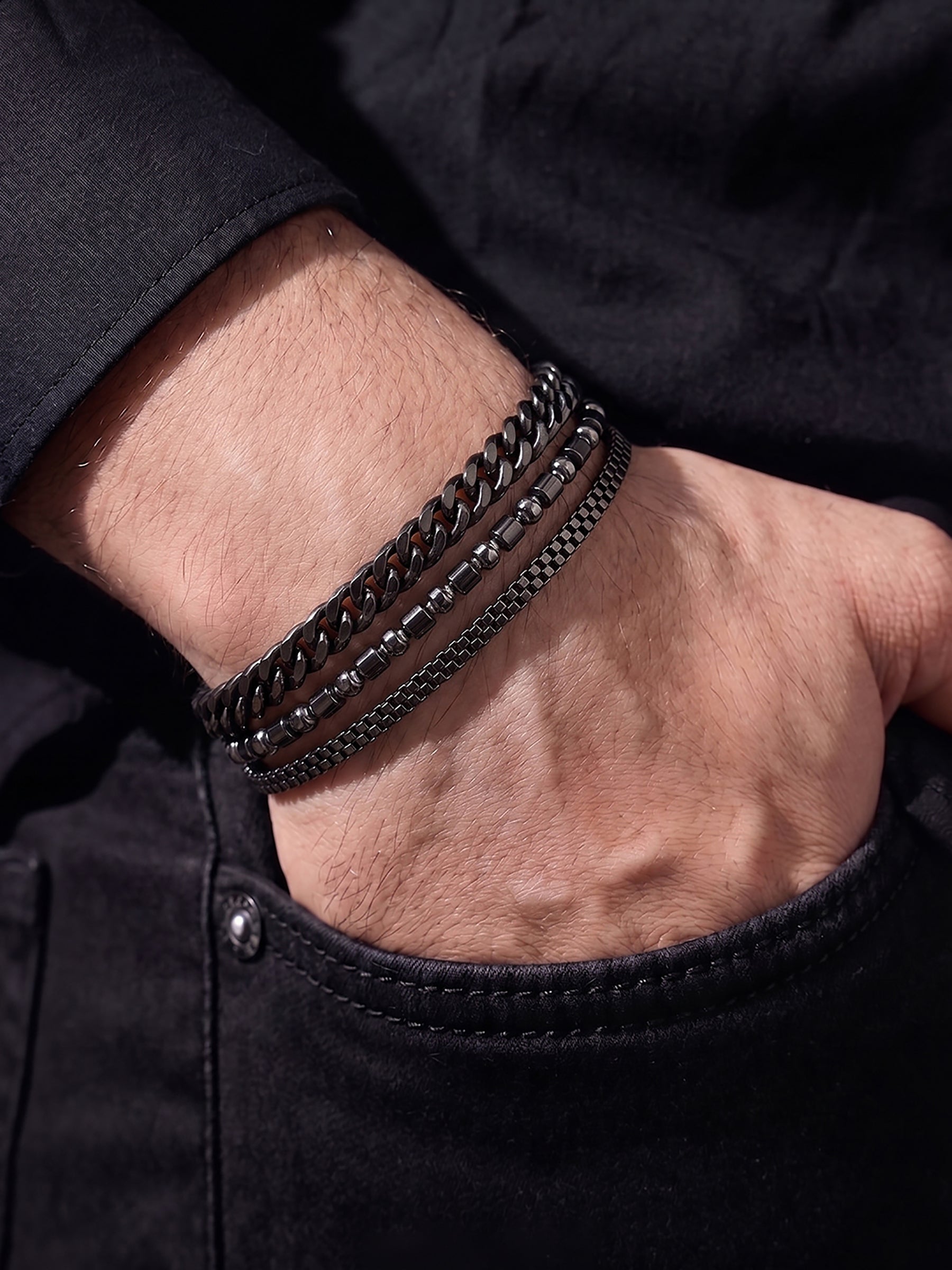 Kaiven Beaded Silver-Black Men’s Bracelet Set - Swashaa