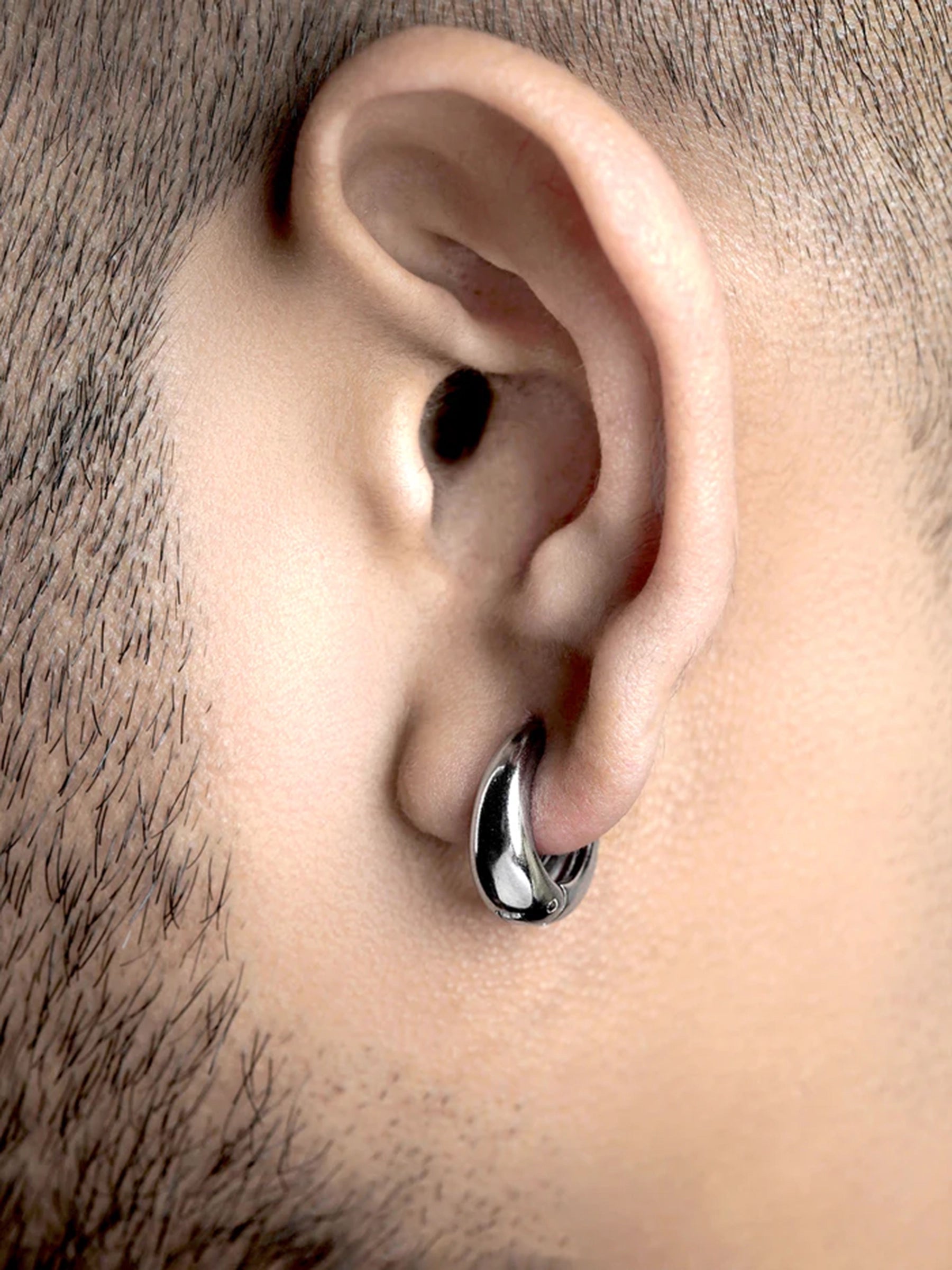 Kaizo Chunky Shiny Silver Men's Round Hoop Earrings