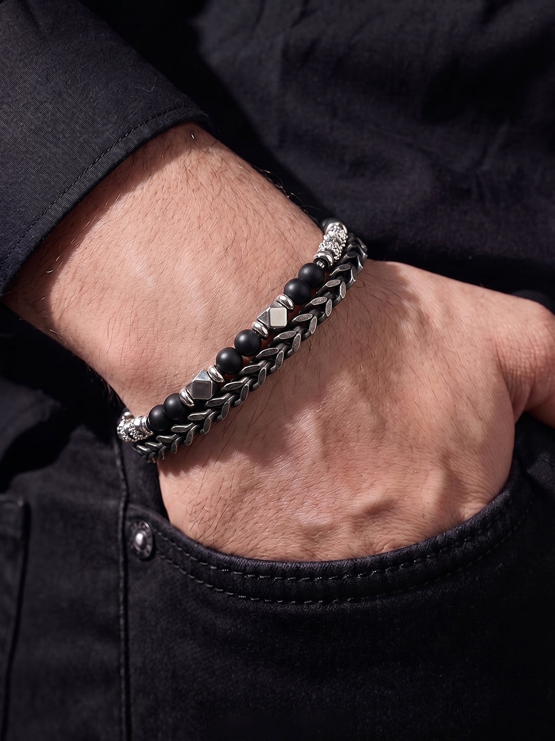 Kalen Beaded Black-Silver Men’s Bracelet - Swashaa