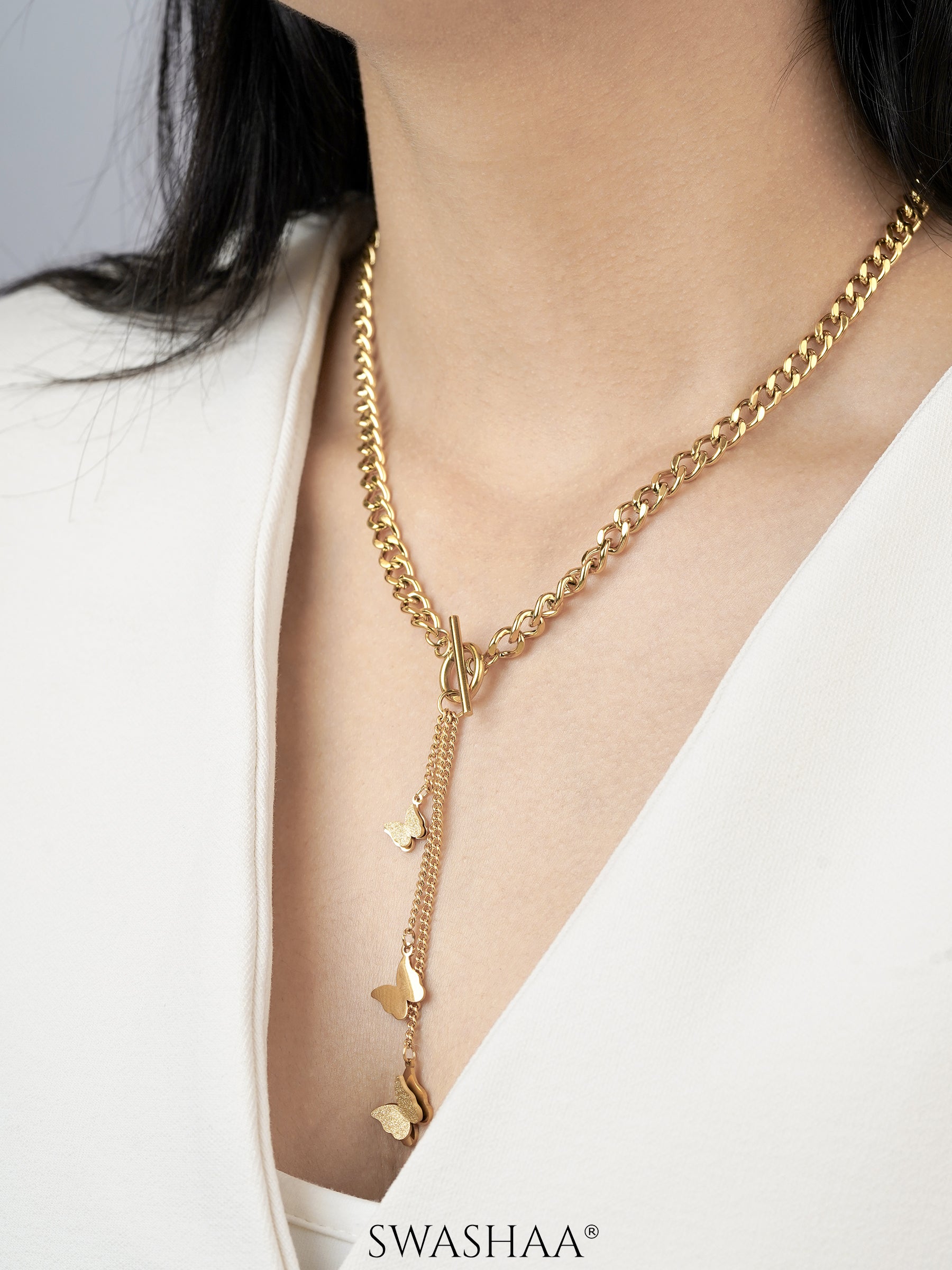 Kenya Butterfly Charm Toggle Clasp Y-Shaped 18K Gold Plated Chain Pendant Necklace