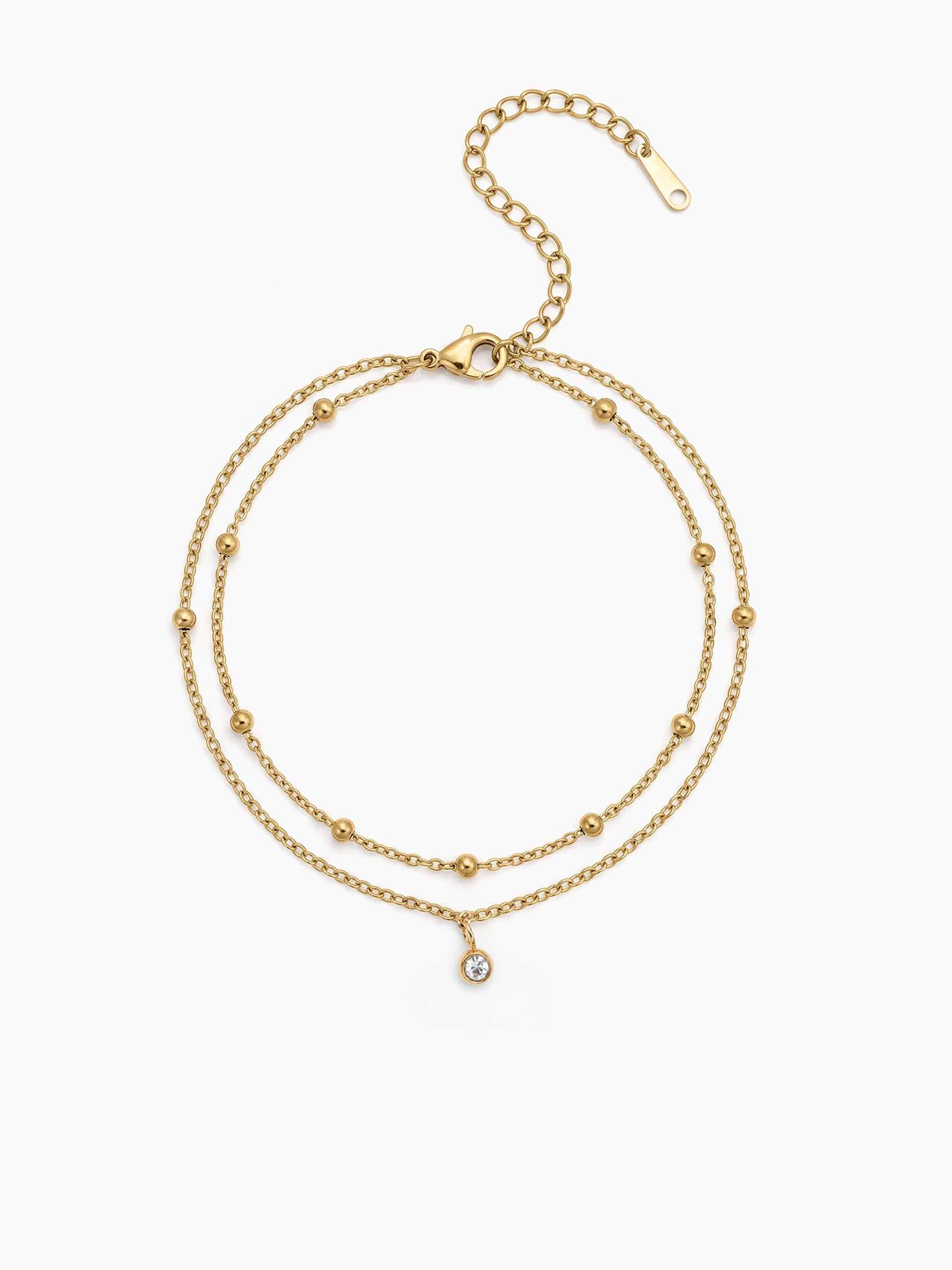 Keya Solitaire Diamond Beaded 18K Gold Plated Women's Layered Anklet