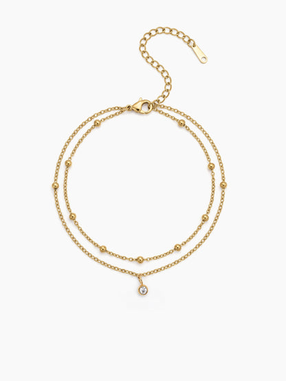 Keya Solitaire Diamond Beaded 18K Gold Plated Women's Layered Anklet