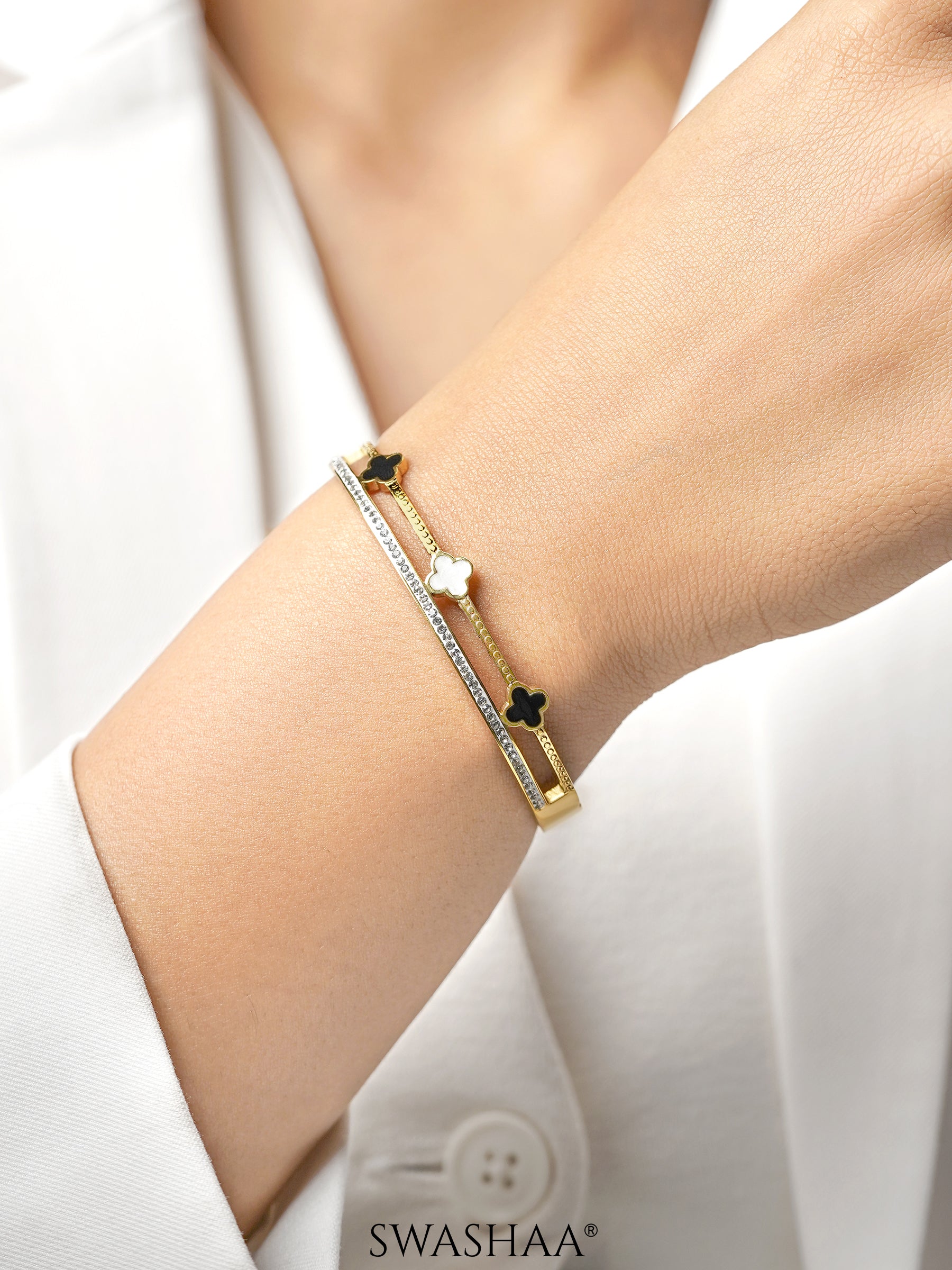 Kinsley Twin Layered Black White Clover Charm Diamond 18K Gold Plated Bracelet