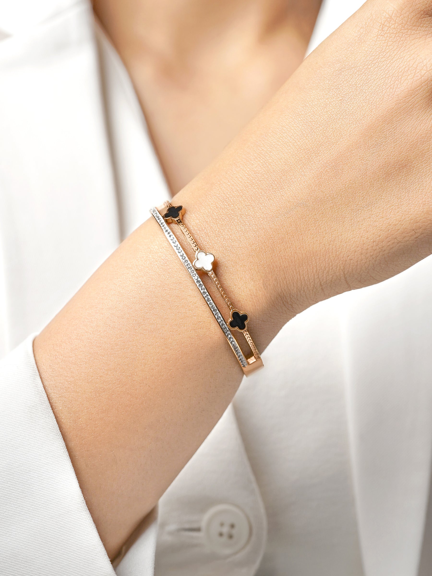 Kinsley Twin Layered Black White Clover Charm Diamond Rosegold Plated Bracelet