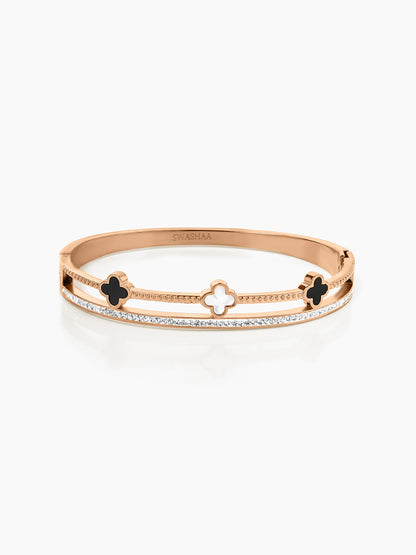 Kinsley Twin Layered Black White Clover Charm Diamond Rosegold Plated Bracelet