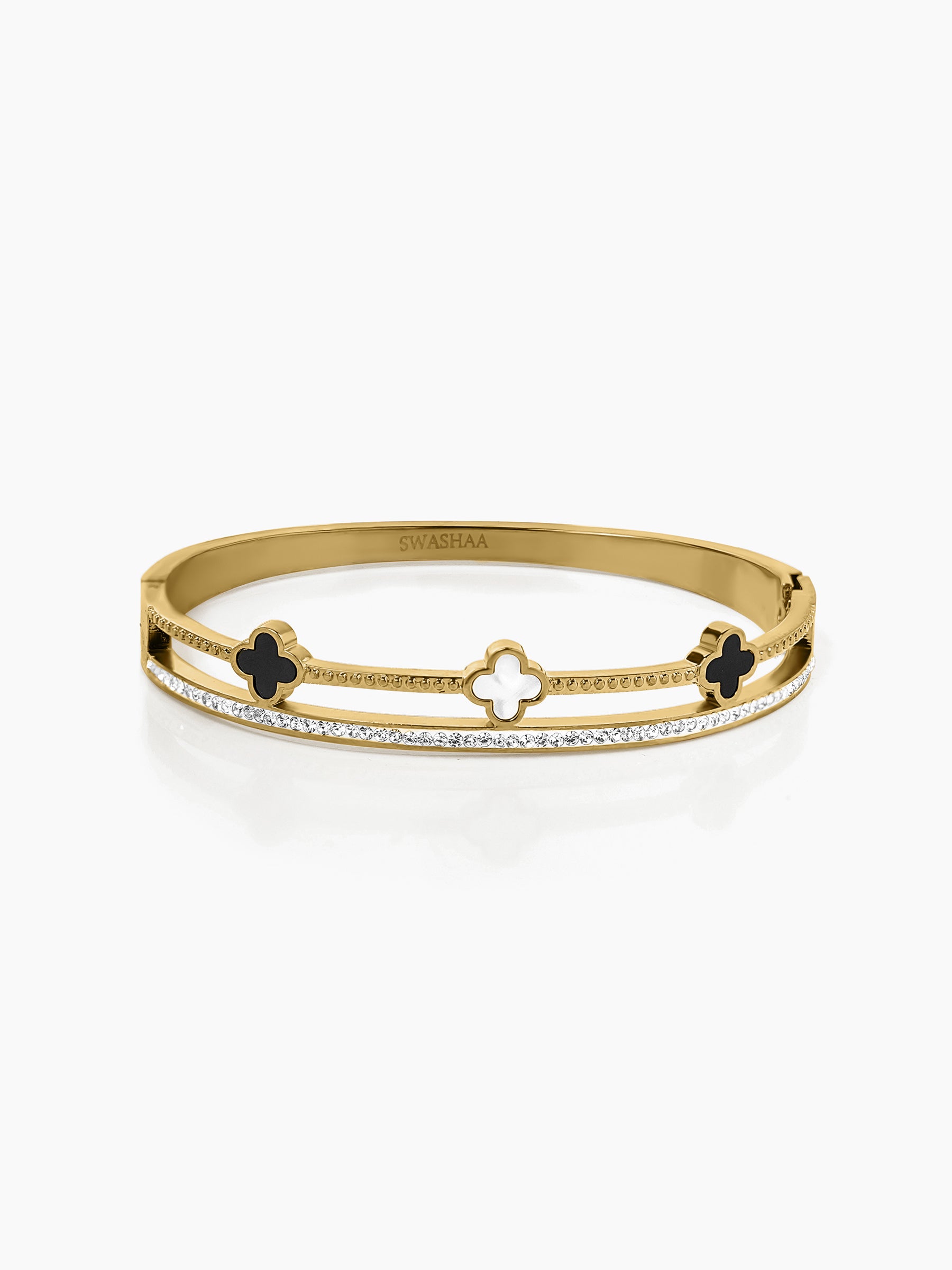 Kinsley Twin Layered Black White Clover Charm Diamond 18K Gold Plated Bracelet