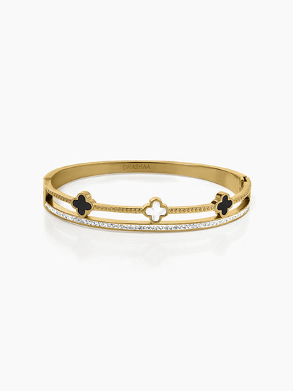 Kinsley Twin Layered Black White Clover Charm Diamond 18K Gold Plated Bracelet