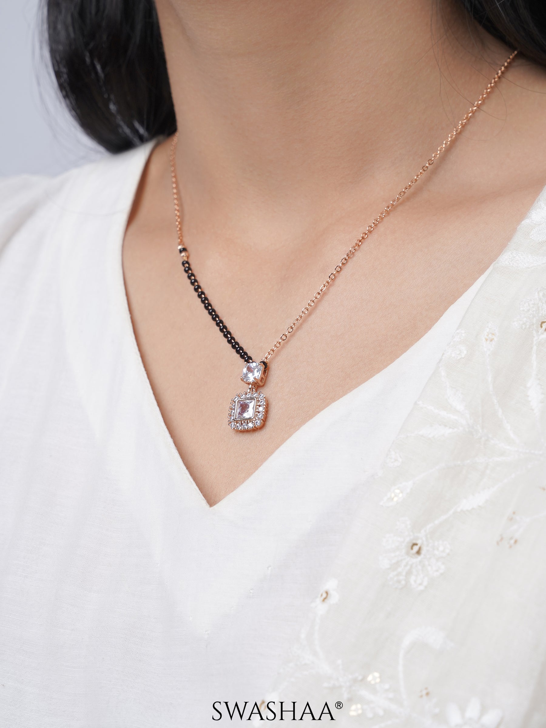 Kissha Square Cut Diamond Solitaire Rosegold Plated Pendant Mangalsutra