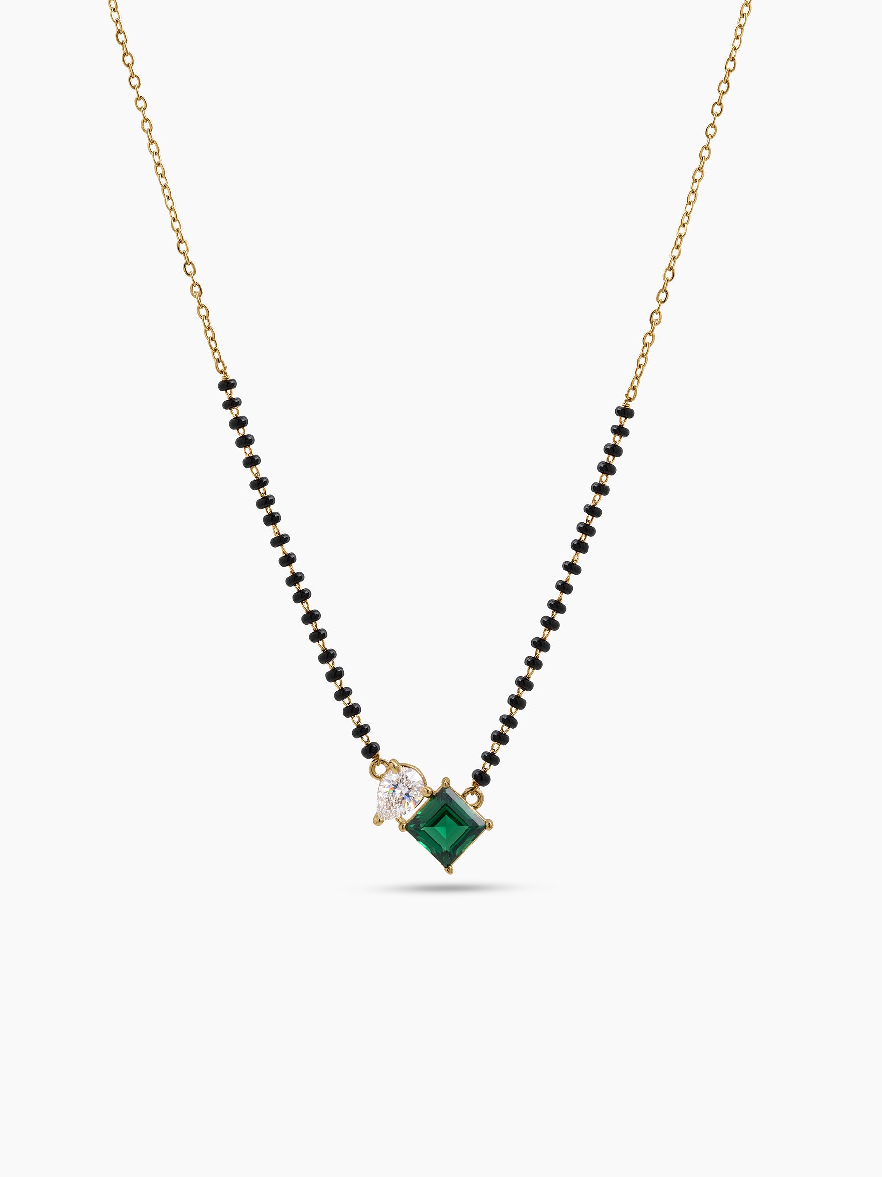 Kruti Green Emerald Stone Pear Diamond 18K Gold Plated  Women's Chain Pendant Mangalsutra Necklace