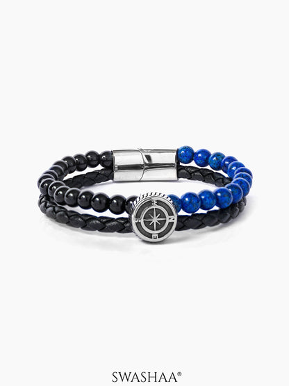 Kseas Blue Black Beads Layered Compass Charm Men's Leather Bracelet
