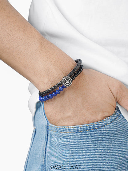 Kseas Blue Black Beads Layered Compass Charm Men's Leather Bracelet