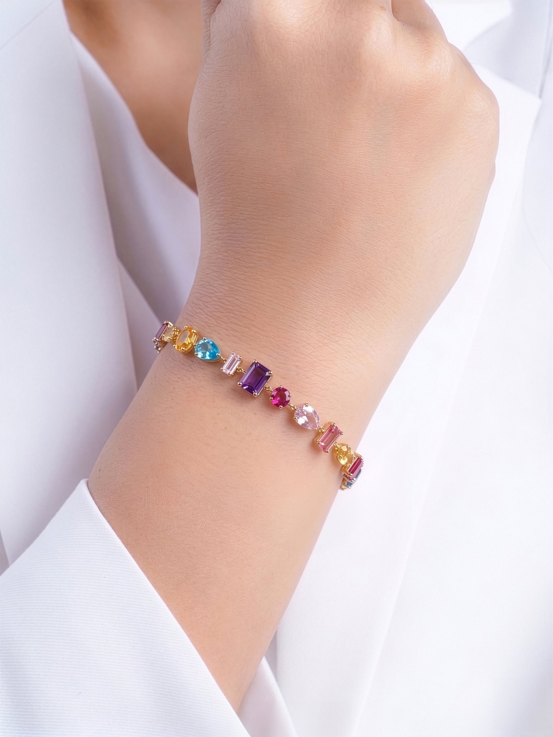 Kyara Multi Diamond Color Stone  18K Gold Plated Women's Chain Bracelet