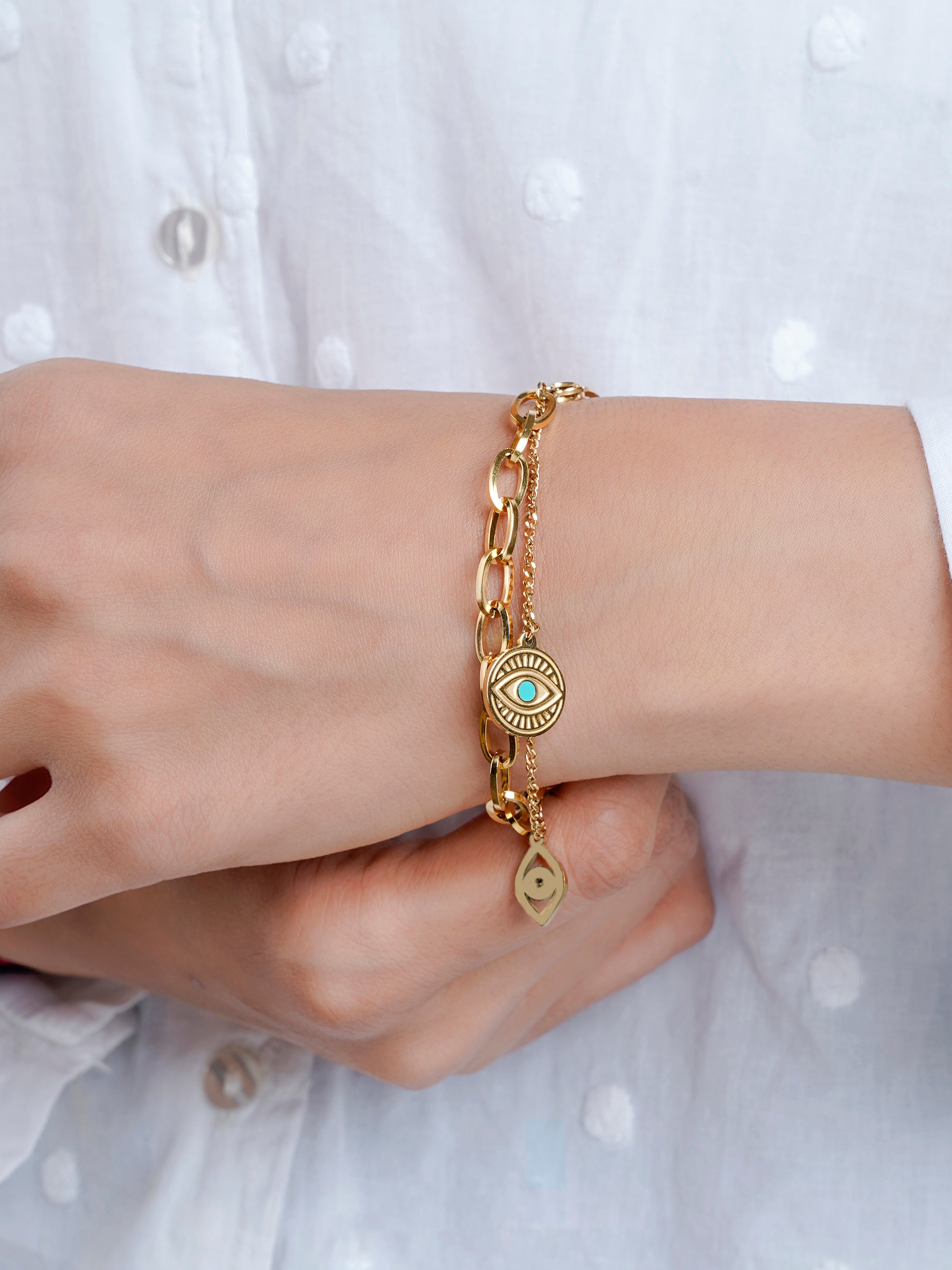 Larla Turquoise Evil Eye Charms Link Curb 18K Gold Plated Loose Chain Bracelet