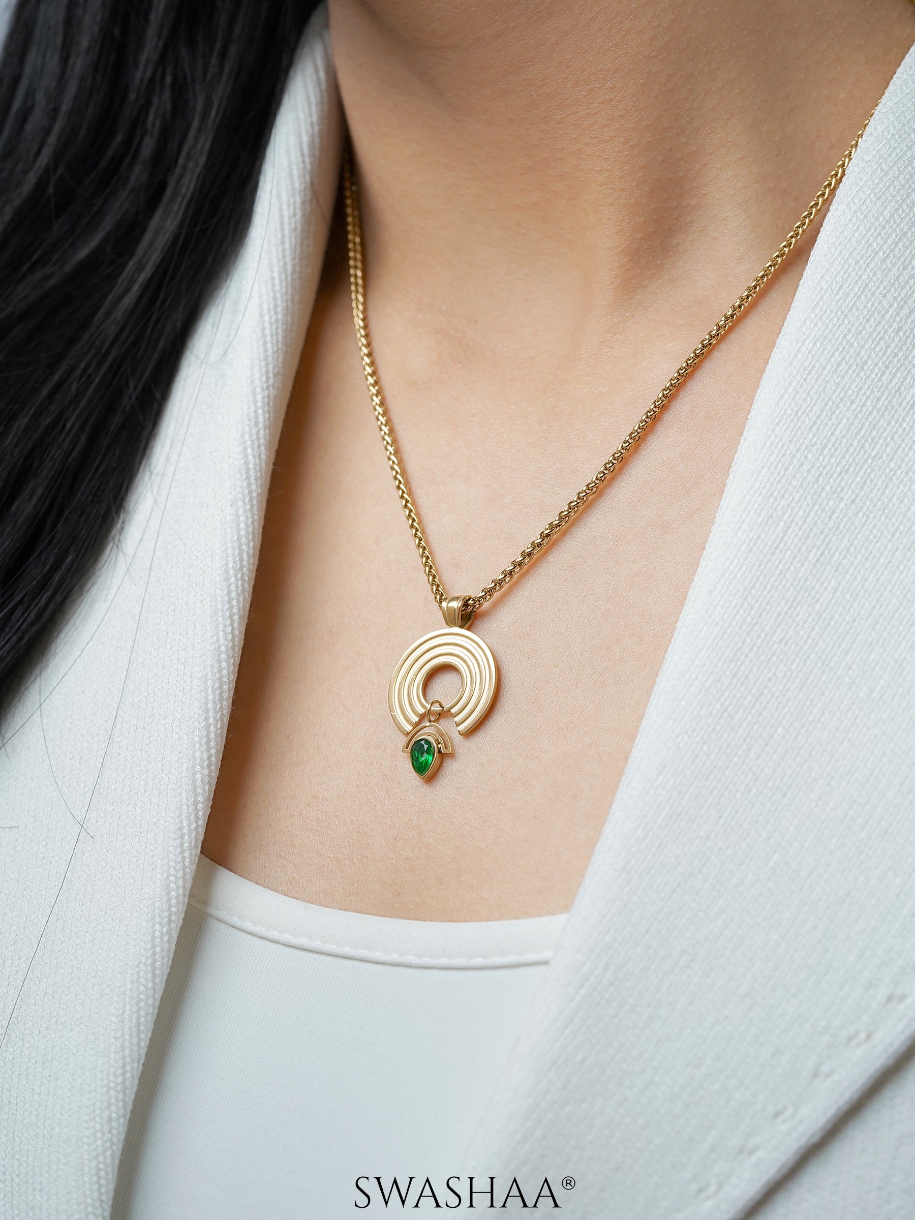 Laila Green Stone 18K Gold Plated Chain Pendant Necklace