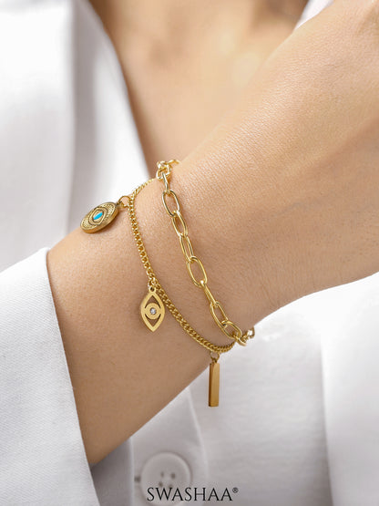 Larla Turquoise Evil Eye Charms Link Curb 18K Gold Plated Loose Chain Bracelet