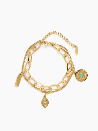 Larla Turquoise Evil Eye Charms Link Curb 18K Gold Plated Loose Chain Bracelet