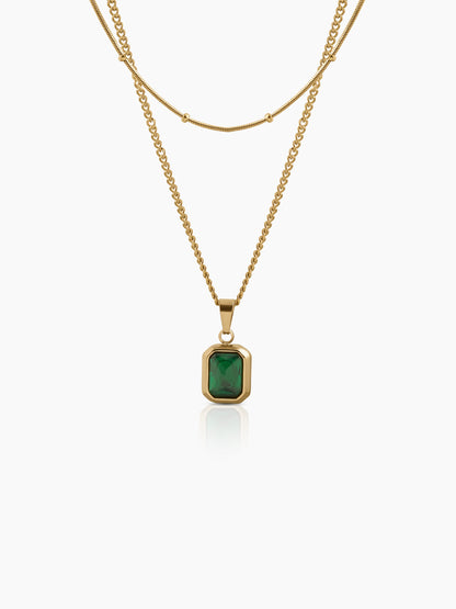 Lavena Green Emerald Stone Classic Link Chain 18K Gold Plated Women's Layered Chain Pendant Necklace