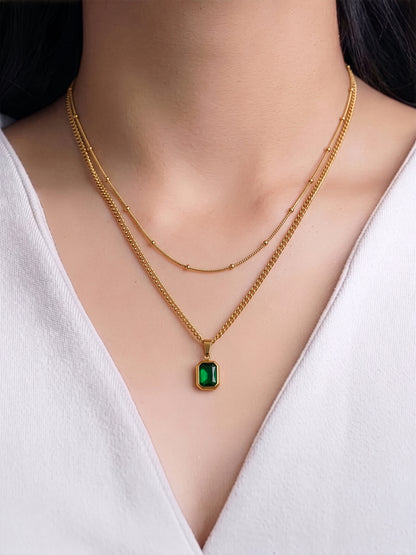 Lavena Green Emerald Stone Classic Link Chain 18K Gold Plated Women's Layered Chain Pendant Necklace