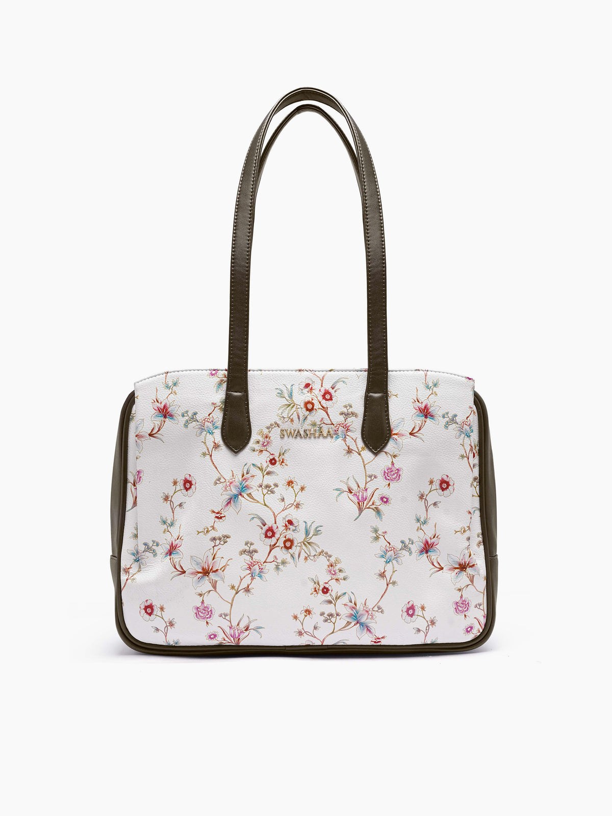 Lavish Loom White Floral Olive Green Women's Leather Tote Bag