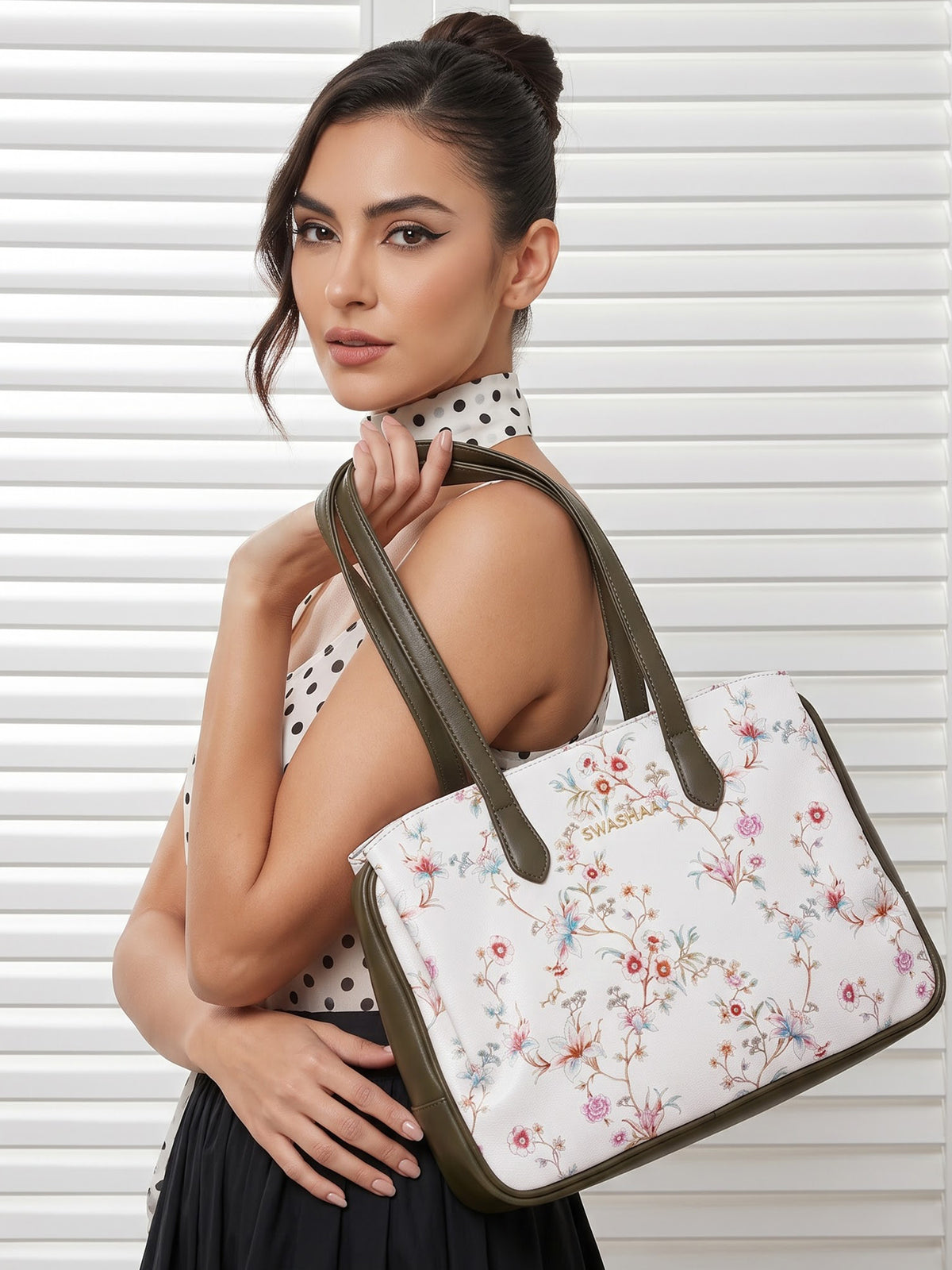 Lavish Loom White Floral Olive Green Women's Leather Tote Bag