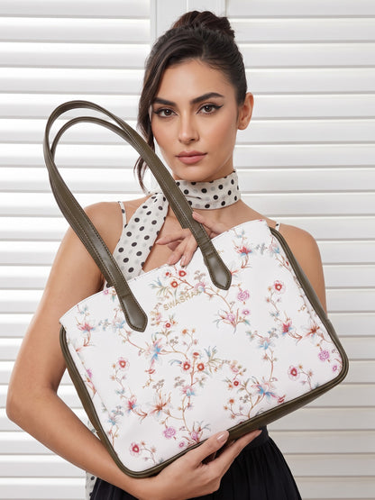 Lavish Loom White Floral Olive Green Women's Leather Tote Bag