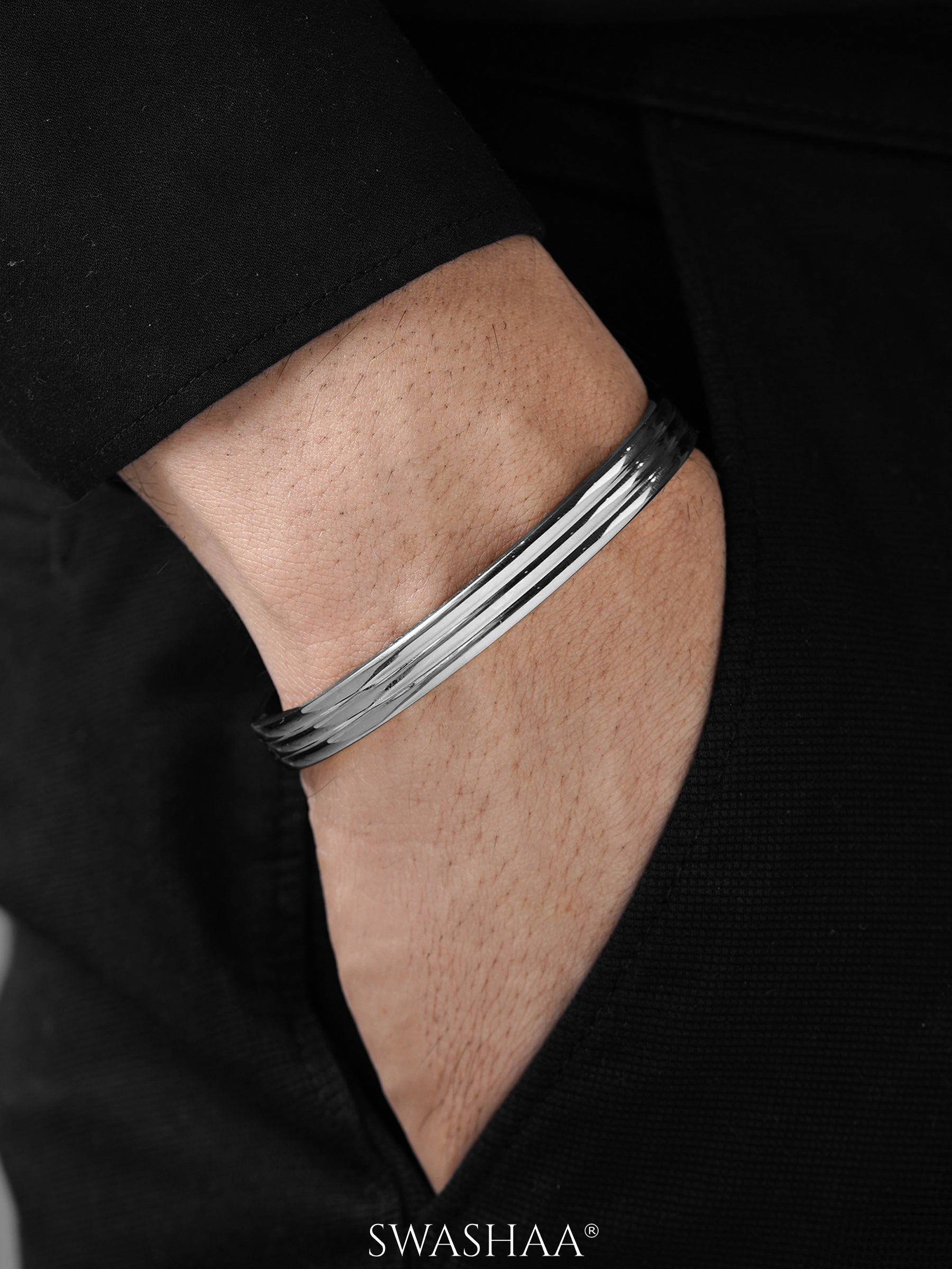 Leo Triple Ridge Glossy Silver Men's Kada