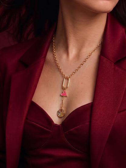Levity Red Heart Star Multi Diamond 18K Gold Plated Women's Chain Pendant Necklaces