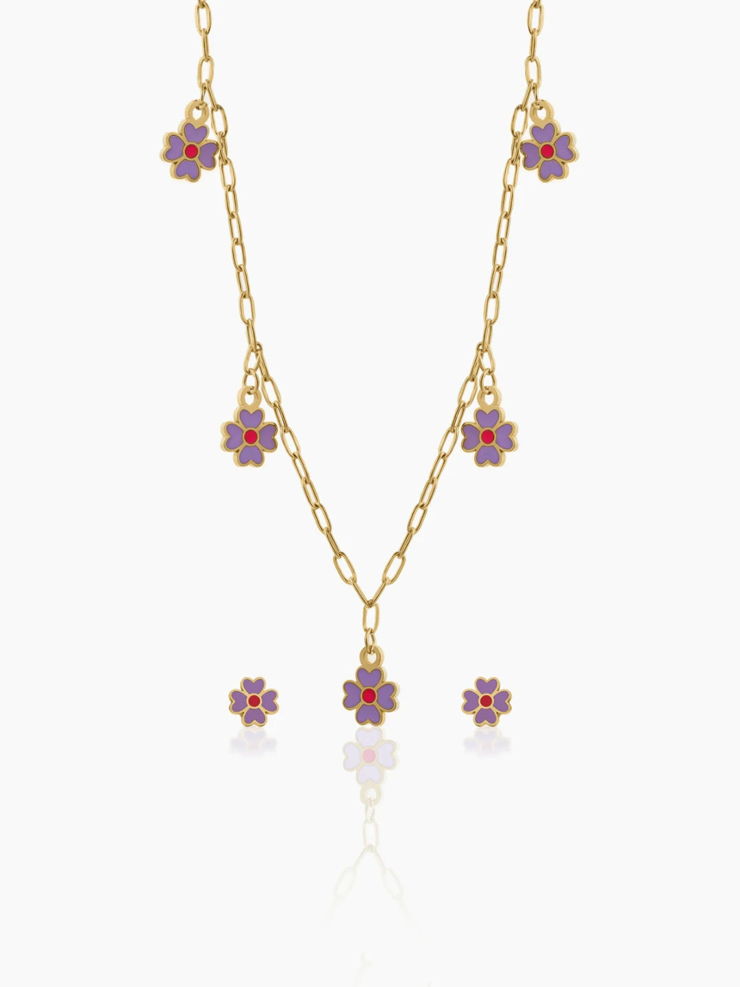 Lilac Flower Charms Kid's Jewelry Set Of 2 - Necklace & Stud Earrings