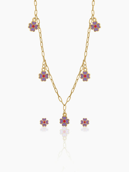 Lilac Flower Charms Kid's Jewelry Set Of 2 - Necklace & Stud Earrings