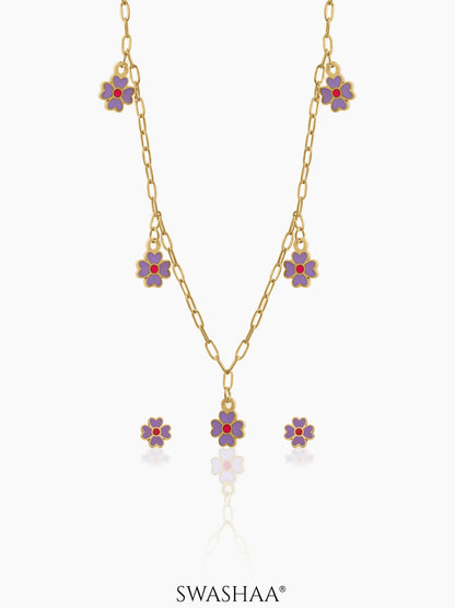 Lilac Flower Charms Kid's Jewelry Set Of 2 - Necklace & Earrings