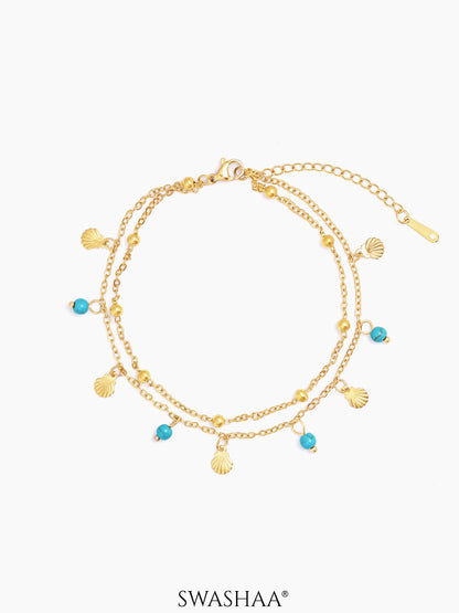 Lina Joyshell Layered Turquoise Beads Charms 18K Gold Plated Women's Anklet