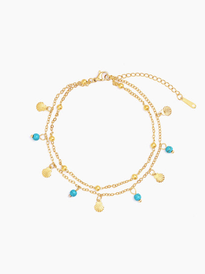 Lina Joyshell Layered Turquoise Beads Charms 18K Gold Plated Women's Anklet