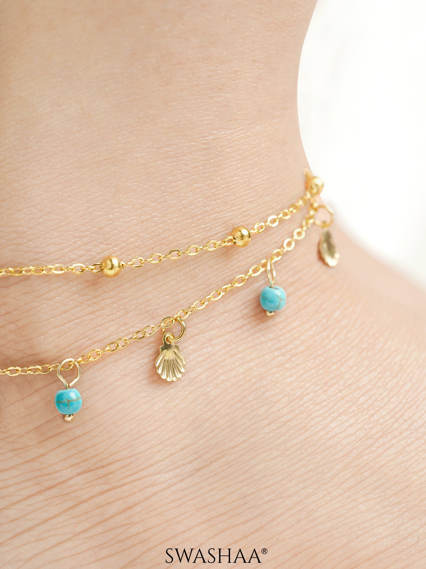 Lina Joyshell Layered Turquoise Beads Charms 18K Gold Plated Women's Anklet