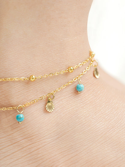 Lina Joyshell Layered Turquoise Beads Charms 18K Gold Plated Women's Anklet