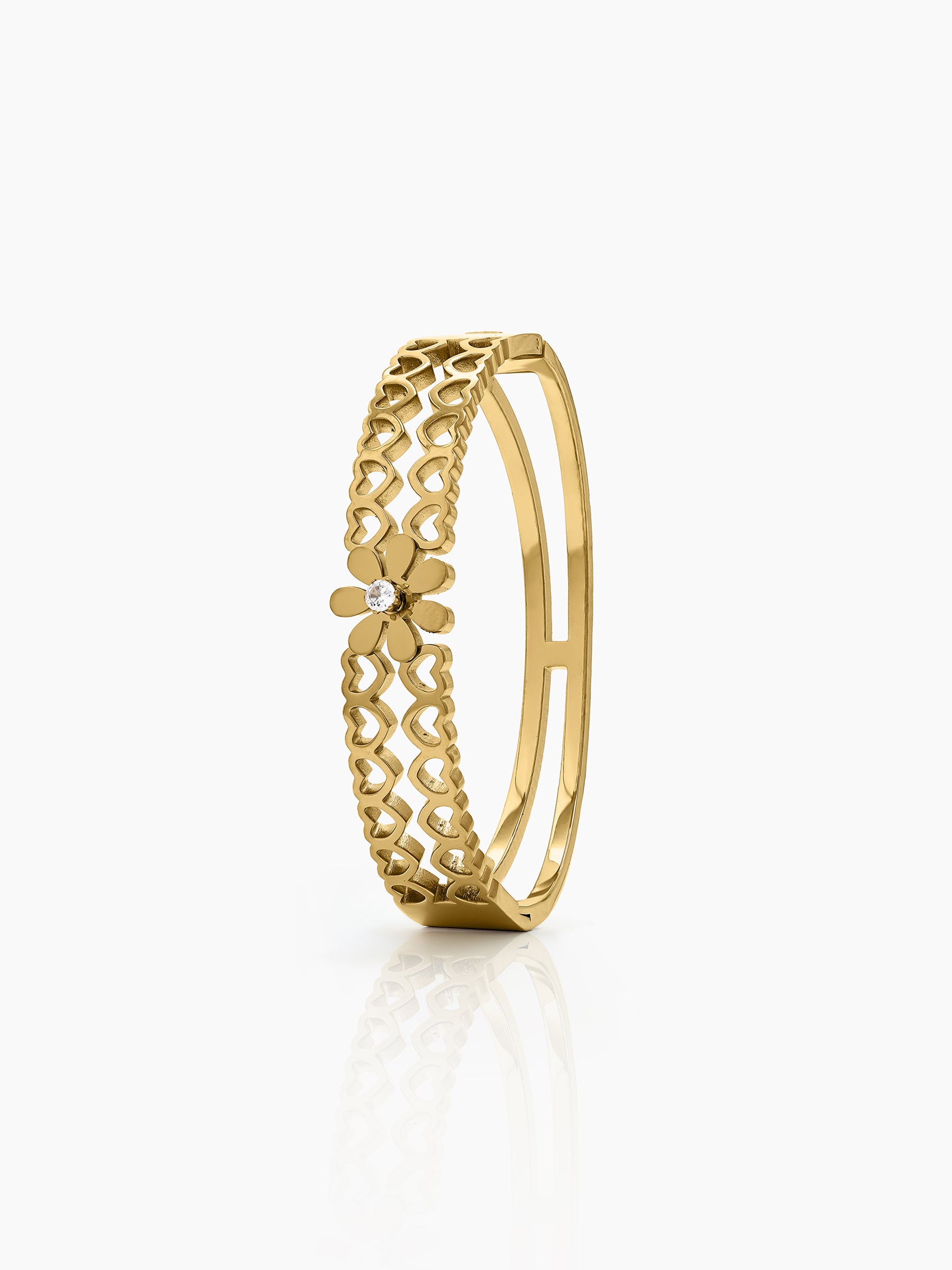Linora Heart Flower Grace Diamond Solitaire 18K Gold Plated Women's Solid Band Bracelet