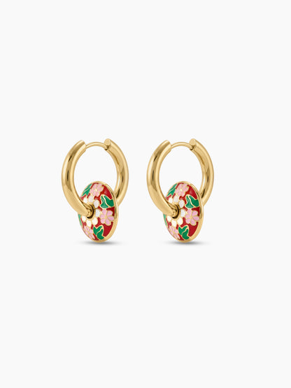 Lisette Meadow Floral Charm Drop 18K Gold Plated Women's Hoop Earrings