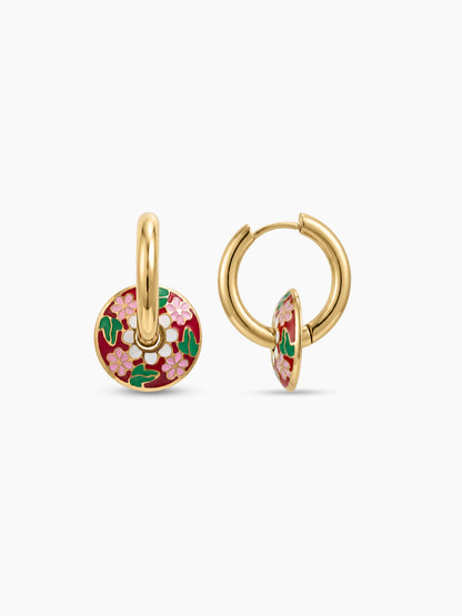 Lisette Meadow Floral Charm Drop 18K Gold Plated Women's Hoop Earrings