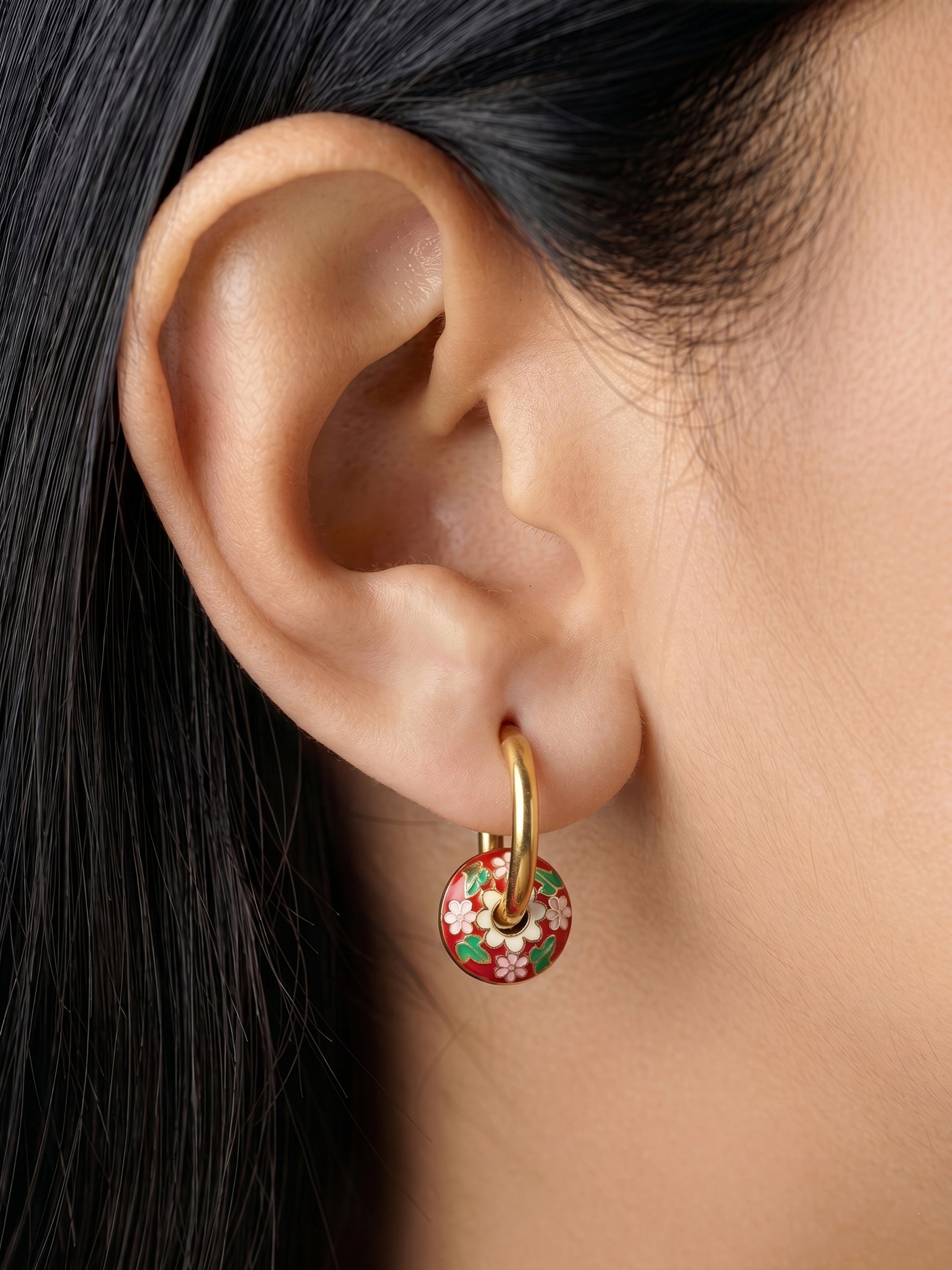 Lisette Meadow Floral Charm Drop 18K Gold Plated Women's Hoop Earrings